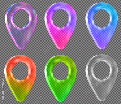 3d neon glass transparent GPS, map location pointer. Holographic Pin code icon of the geolocation map. Stock vector illustration on isolated background.	