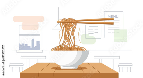 Chopsticks Lifting Noodles from Bowl in Restaurant