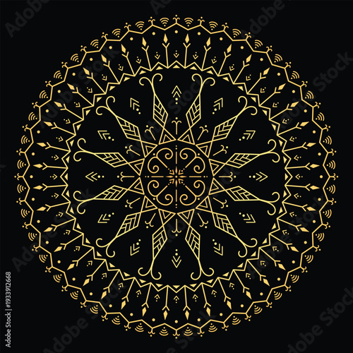 Gold Mandala Tribal Ornamental Design on Black Background