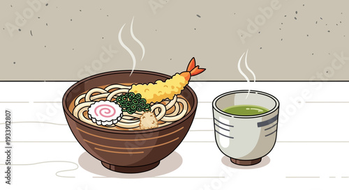 Pixel Art Udon Noodles with Tempura and Green Tea