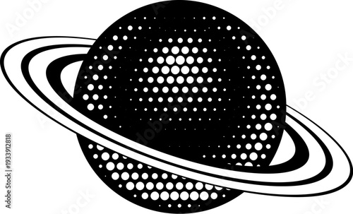 A retro vintage ringed planet space illustration icon in halftone dots style