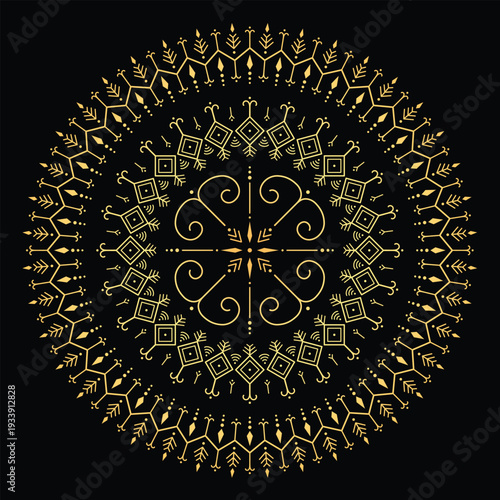 Gold Mandala Tribal Ornamental Design on Black Background