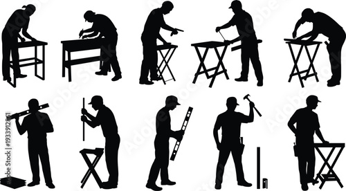 Carpenter and construction worker silhouettes set, craftsmen using tools at workbench and sawhorse, black vector illustration isolated on white background