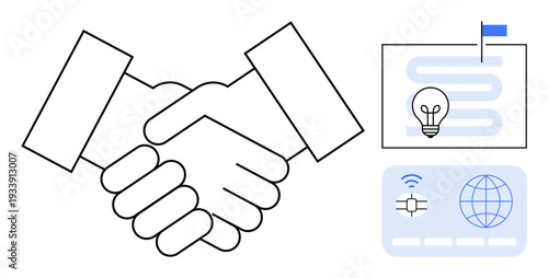 Business cooperation. Business as a key topic with handshake partnership. Business innovation, planning, and technology featured alongside global connectivity icons. Perfect for collaboration