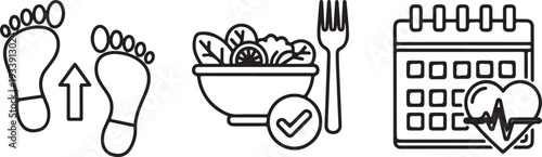 Healthy Lifestyle Icons: Step Tracking Salad Meal Calendar Heartbeat Isolated on white background