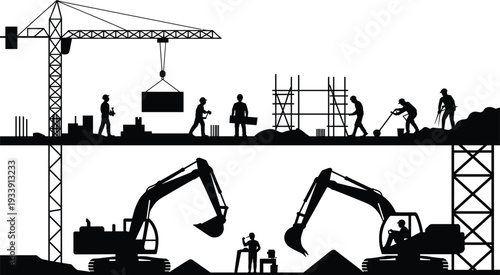 Construction site silhouettes with tower crane, excavators and workers building structure, industrial engineering vector illustration isolated on white background
