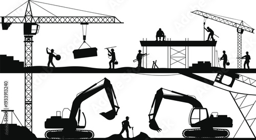 Construction site silhouettes with cranes and excavators, industrial workers building infrastructure structure, black vector illustration isolated on white background