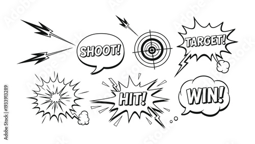 Aim for Success: A collection of comic-style speech bubbles and visual elements, each depicting the journey towards achieving a target, conveying concepts of focus, precision, and triumph.
