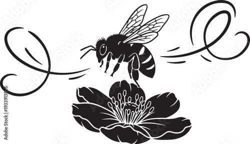 Black and white illustration of a bee flying near flower