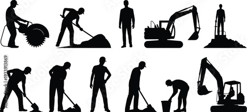 Construction worker and excavator silhouettes collection, industrial laborers digging and operating heavy equipment, black vector illustration isolated on white background