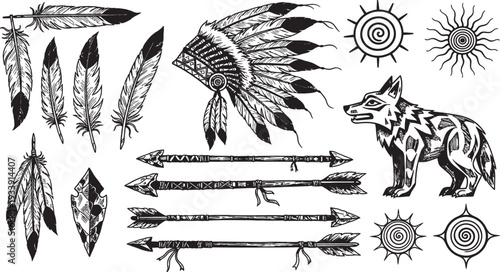 Detailed collection of hand-drawn Native American themed illustrations including feathers, headdress, arrows, wolf, and sun symbols.