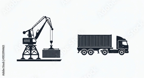 Industrial Crane and Shipping Container Truck Silhouettes.