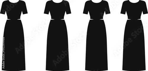Black silhouette set of modern two piece maxi dresses with crop tops and long skirts for women fashion design icons