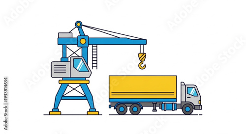 Industrial crane lifting cargo onto a truck for transportation.