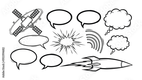 Comic Element Illustration: An illustrative display of comic elements, including speech bubbles, a rocket, a satellite, and other graphics. The bold lines create dynamic compositions.