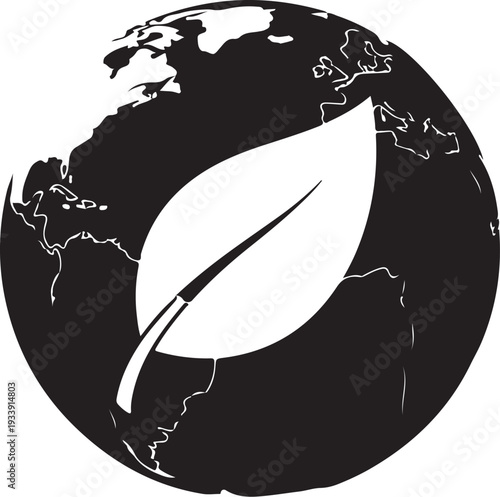 Earth with a white leaf on black background globe