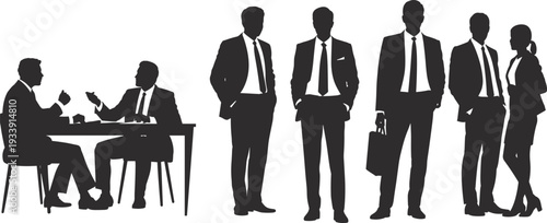 Business meeting silhouette illustration showing professionals in corporate attire, teamwork, office discussion, collaboration, leadership, communication, and workplace interaction concept.