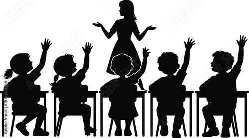 Classroom silhouette illustration showing teacher engaging with students, children raising hands, learning, education, participation, school interaction, and teaching concept.