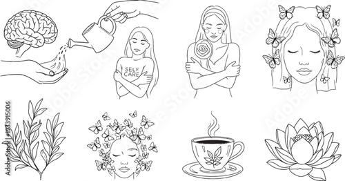 Line art illustrations depicting mental health, self-care, nature, and well-being, including brains, women, butterflies, plants, tea, and lotus flowers.