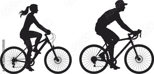 Cycling silhouette illustration showing two individuals riding mountain bikes, outdoor sport, exercise, transportation, adventure, fitness, and healthy lifestyle concept.
