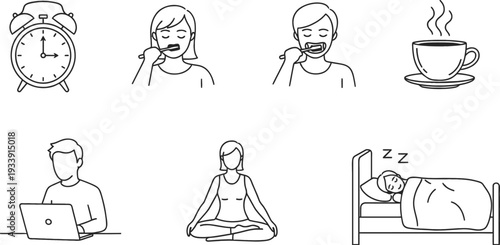 Line art icons illustrating various daily routines and activities including waking up, hygiene, work, relaxation, and sleep.