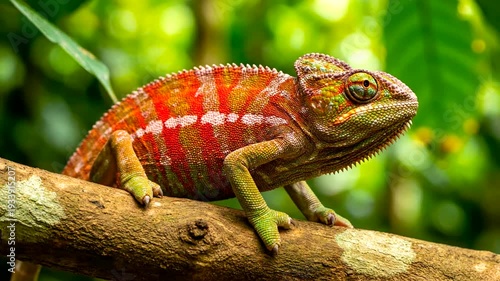Color Changing Chameleon on Branch Closeup.