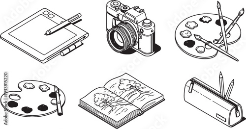 A collection of various art and creative tools, including a graphic tablet, camera, paint palettes, an open sketchbook, and a pencil case.