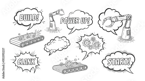 Robotics Assembly in Progress: A dynamic illustration showing the building of robots with the word bubbles build, power up, start  evoking the energy and innovation of automation