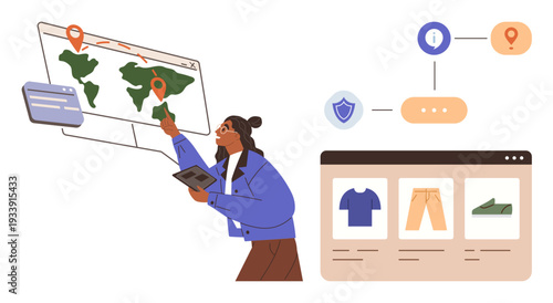 E-commerce, delivery logistics, global navigation, online shopping, secure transactions, supply chain planning. A woman interacts with a world map, digital icons and an e-commerce screen. E-commerce