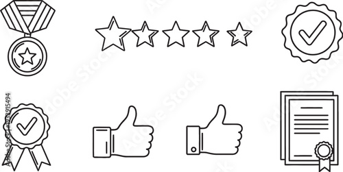 Monochrome line art icons illustrating concepts like awards, customer reviews, positive feedback, and official certification.