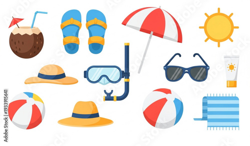 Flat Colorful Summer Vacation Items Icon Vector Set