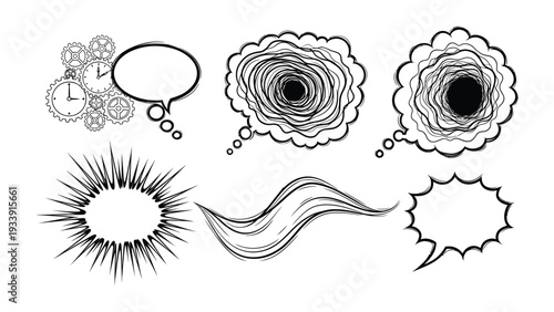 Comic Bubbles & Elements: A set of dynamic comic bubbles and graphic elements, offering versatile tools for expressing thoughts, action, and sound effects in creative projects.