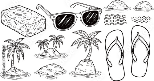 A collection of hand-drawn summer and beach-themed items including sunglasses, flip-flops, palm tree islands, and water ripples.