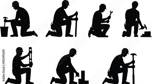 Kneeling construction worker silhouettes set, handyman using tools and equipment, black vector illustration isolated on white background for industrial and building concepts