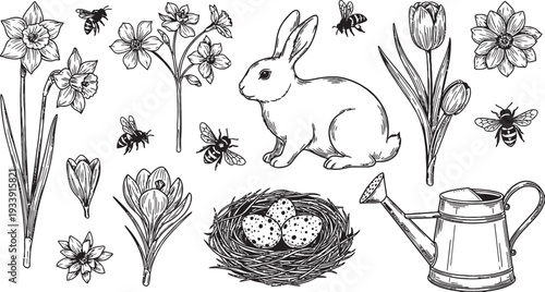 Hand-drawn vintage illustration set of spring and Easter elements including flowers, bees, a rabbit, nest with eggs, and watering can.