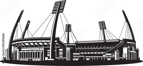 Stadium illustration with floodlights and seating in black silhouette