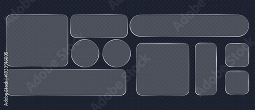 A collection of gray rectangles and ovals on a dark background or Light frame liquid glass, glass panel set for mobile and web app, tech board frame in futuristic style. HUD element interface, vector 