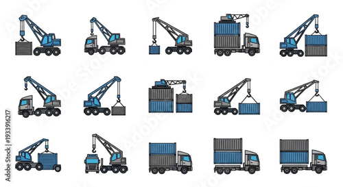 Industrial Cranes and Trucks with Shipping Containers.
