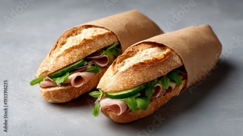 Delicious sandwiches packed with fresh ingredients are carefully wrapped in paper, making a perfect meal option. The appetizing presentation showcases the art of culinary simplicity.