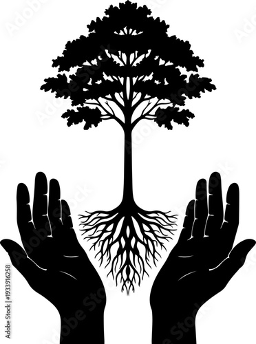 Hands cradling a tree with visible roots, symbolizing nurturing and growth in a simple illustration style
