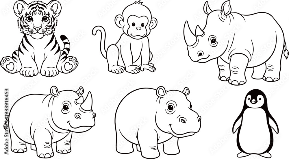Obraz premium Black and white outline drawings of various cute baby animals including a tiger, monkey, rhinos, hippo, and penguin, perfect for coloring.