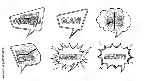 Comic book-style Speech Bubbles and Radar Illustrations: Captivating comic book-style speech bubbles with a CONTROL, SCAN, TARGET and READY message with radar representations.