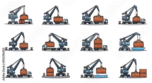 Industrial Cranes Loading Cargo Containers and Barrels.