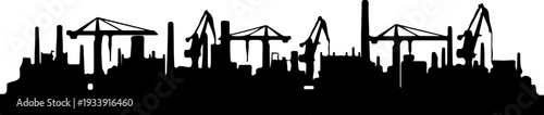 Industrial landscape with oil rigs and cranes viewed from a distance against a city skyline silhouette