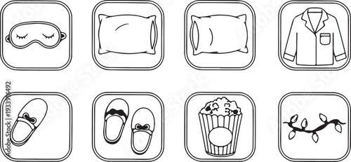 Sleepover Icons: Pajamas Pillows Slippers Popcorn & Sleep Mask Isolated on white background