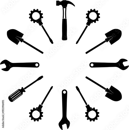 Various tools arranged in a circle with gears and equipment for industrial work