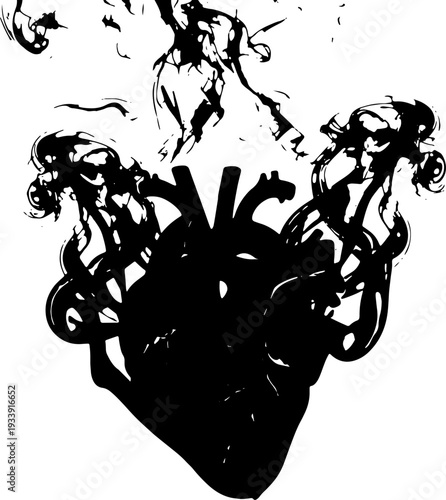 A heart surrounded by swirling dark shapes and splatters, viewed from the front in a dramatic illustration