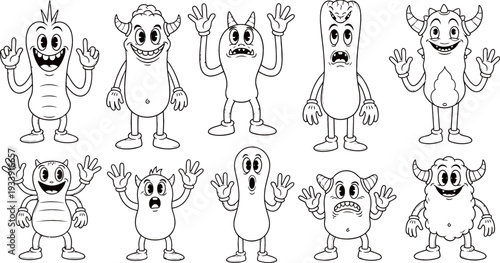 Black and white retro cartoon monsters set with various expressions and body shapes.