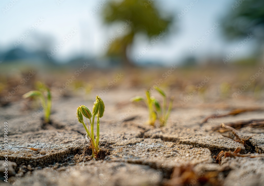 Fototapeta premium Tiny plants sprout from cracked earth, blurred trees in background, bright day