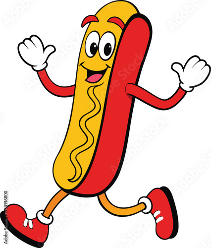 Cheerful cartoon hot dog character with red shoes and mustard vector illustration